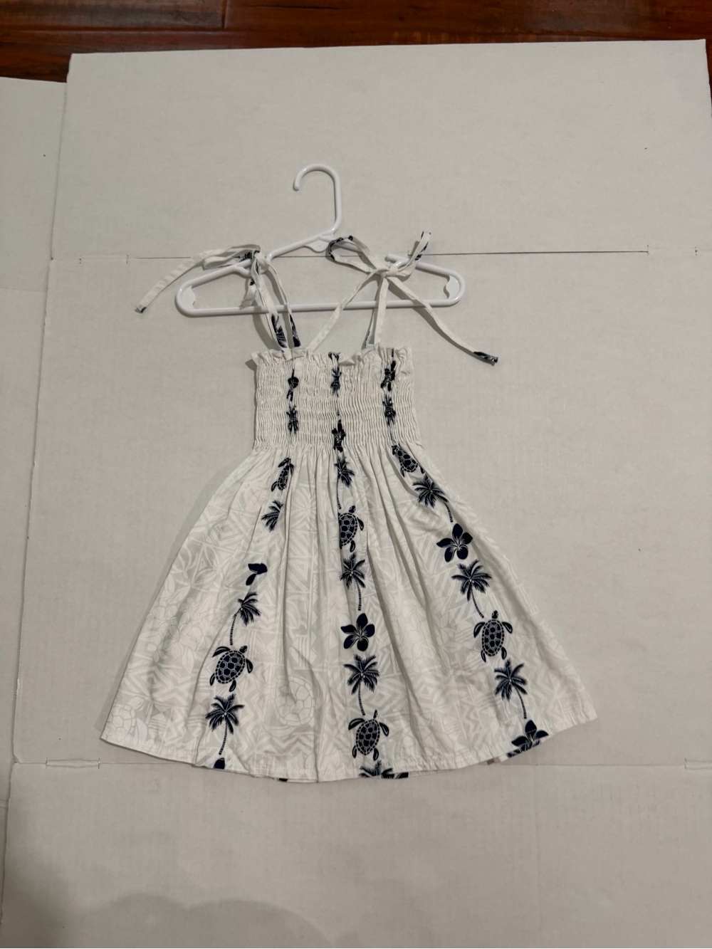 Girls White Sundress with Navy Turtle & Palm Print - Tie-Strap Casual Dress